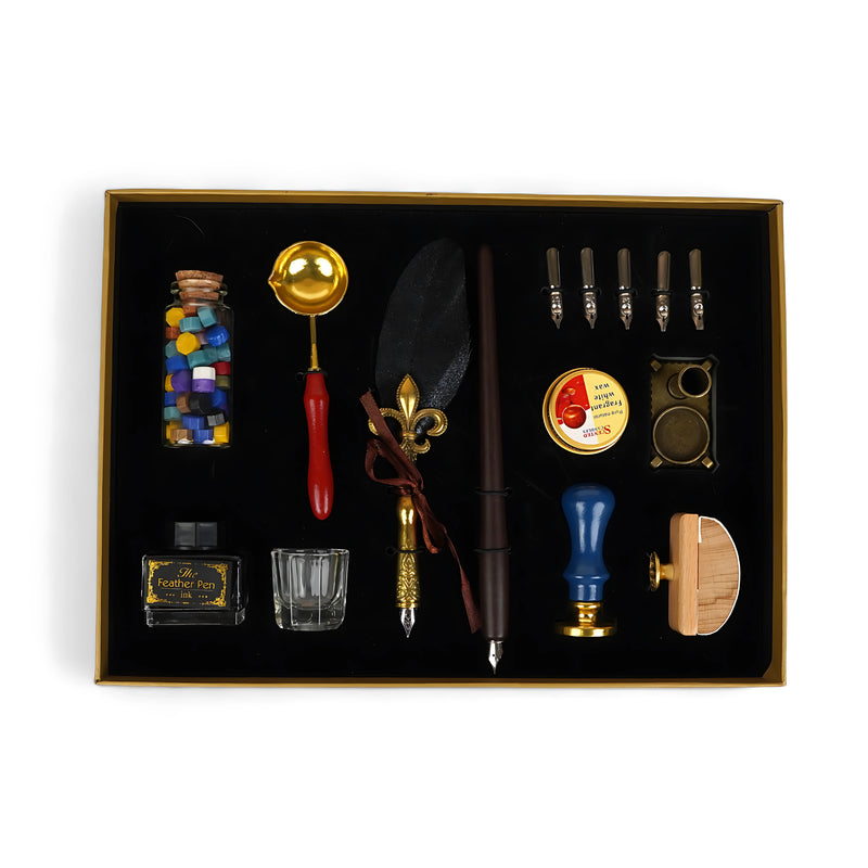 Premium Black Feather Pen & Wax Seal Kit with black feather pen, nibs, wax seal supplies, and vibrant wax beads in a black display box.

