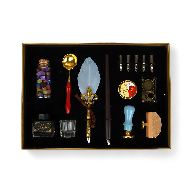 Premium Feather Pen & Wax Seal Kit with feather pen, nibs, wax seal supplies, and colorful wax beads in an elegant display box.

