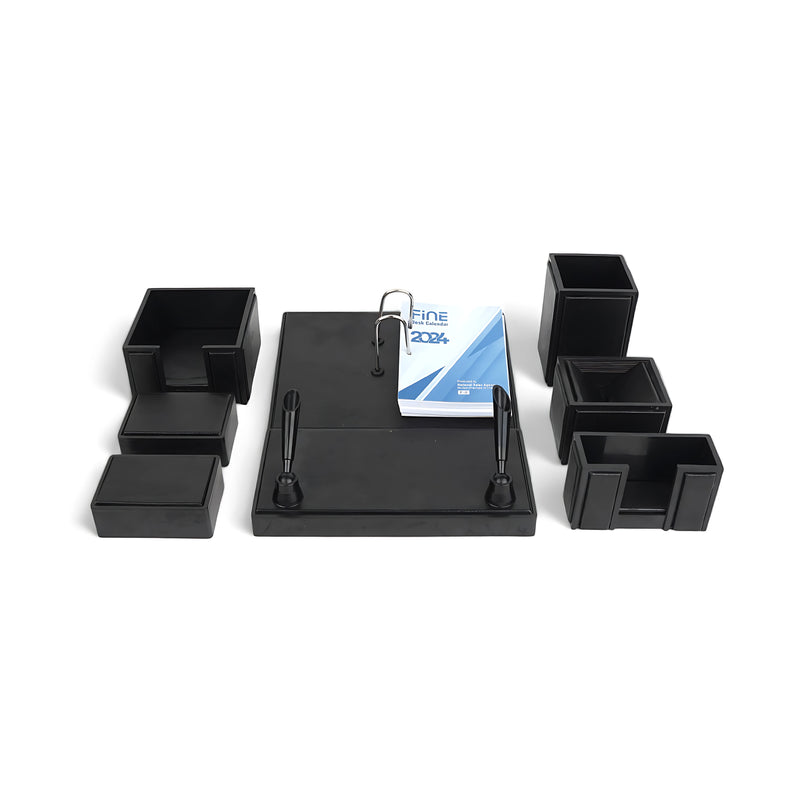 Premium black office desk organizer set with multiple compartments, pen holders, and a calendar stand, designed to keep desks neat and organized.

