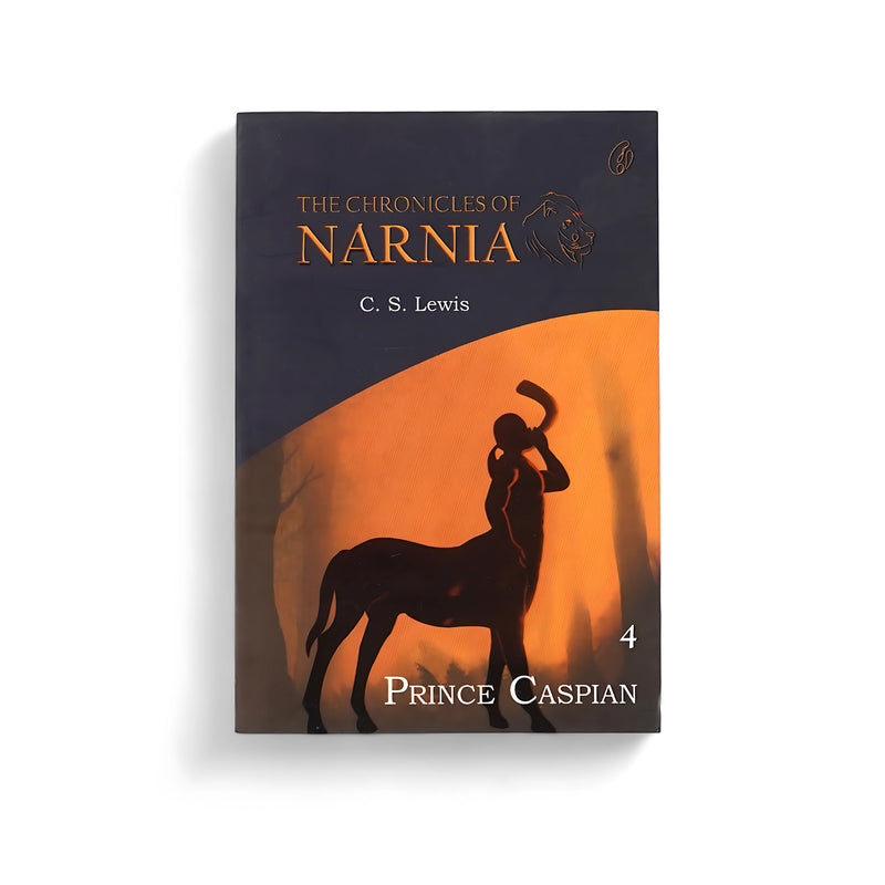 Cover of "Prince Caspian" from The Chronicles of Narnia by C.S. Lewis, featuring the silhouette of a centaur holding a horn against a sunset background.

