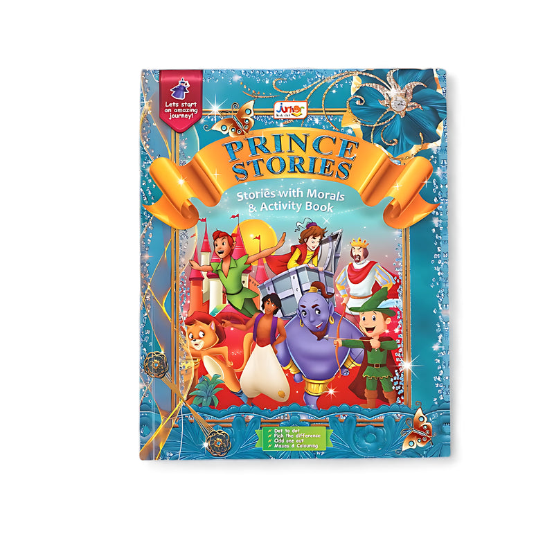 Cover of Prince Stories: Stories with Morals & Activity Book featuring characters like a genie, prince, and knights with colorful elements and fun activities.

