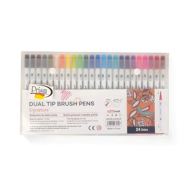 Prism Dual Tip Brush Pens - Signature Set available in 24 colors featuring dual tips for versatile coloring and drawing.

