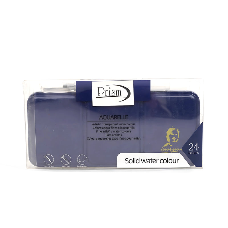 Prism Giorgione Solid Watercolour Set with 24 colors, includes water brush and nylon brush, ideal for artists and students.


