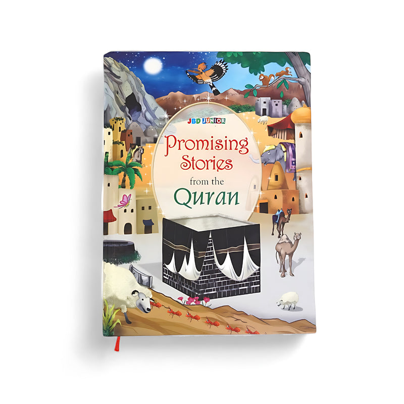 Cover of Promising Stories from the Quran featuring colorful illustrations of historical Islamic scenes, including the Kaaba, camels, and landscapes.

