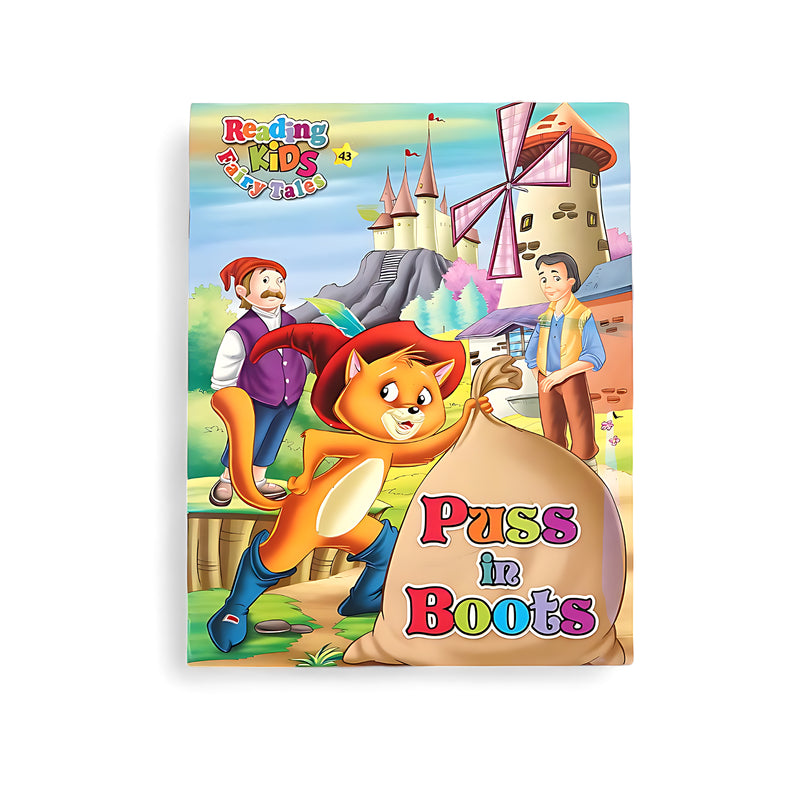 Cover of Puss in Boots showing the clever cat in his iconic boots, holding a large bag, and standing in front of a windmill with characters from the story in the background.






