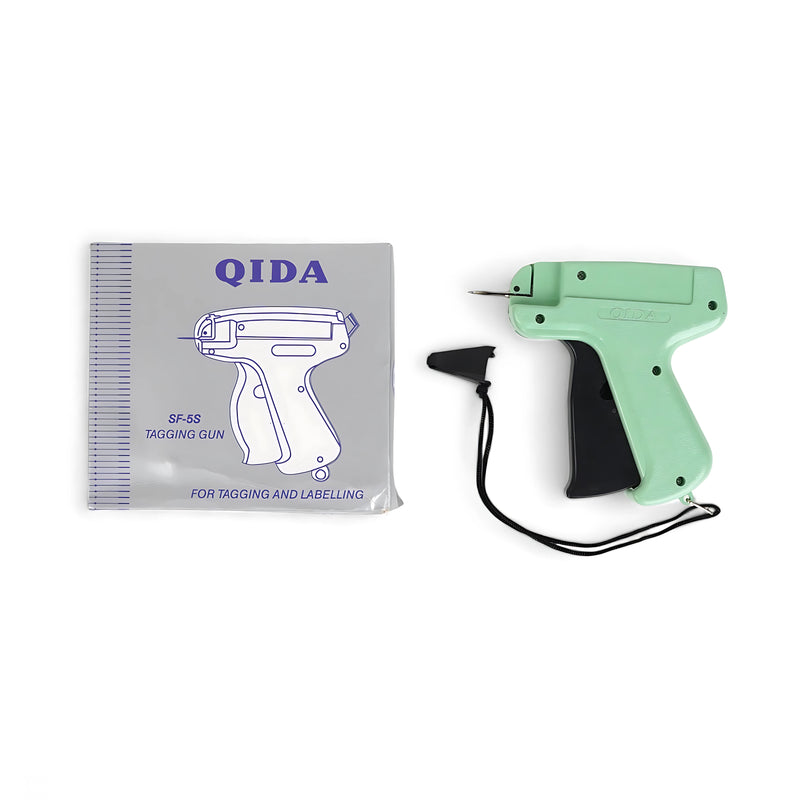 QIDA SF-5S Tagging Gun in mint green with ergonomic grip, wrist strap, and protective needle cap, shown with packaging.

