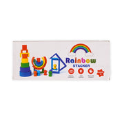 Rainbow Stacker wooden Montessori toy featuring colorful arches, stacking blocks, and peg figures for kids aged 3+, promoting fine motor skills and imaginative play.
