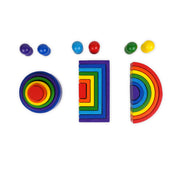 Rainbow Stacker wooden Montessori toy featuring colorful arches, stacking blocks, and peg figures for kids aged 3+, promoting fine motor skills and imaginative play.