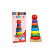 Rainbow Tower – Wooden stacking toy for toddlers aged 3+, featuring colorful rings and a wooden base to promote motor skills and color recognition.