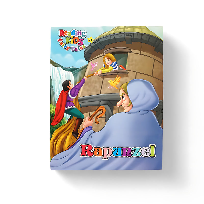 Cover of Rapunzel showing the prince climbing her golden hair while the sorceress watches, with vibrant birds and nature elements surrounding the tower.






