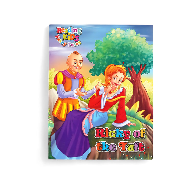 Illustrated cover of Ricky of the Tuft from the Reading Kids Fairy Tales series, featuring a whimsical scene with Ricky and a princess surrounded by colorful nature.


