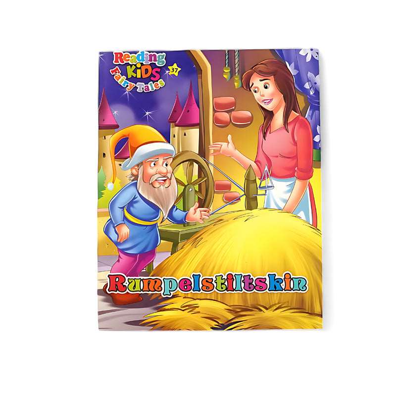 Cover of Rumpelstiltskin showing the magical dwarf spinning straw into gold, with the miller’s daughter looking on anxiously, capturing the tension and magic of the story.






