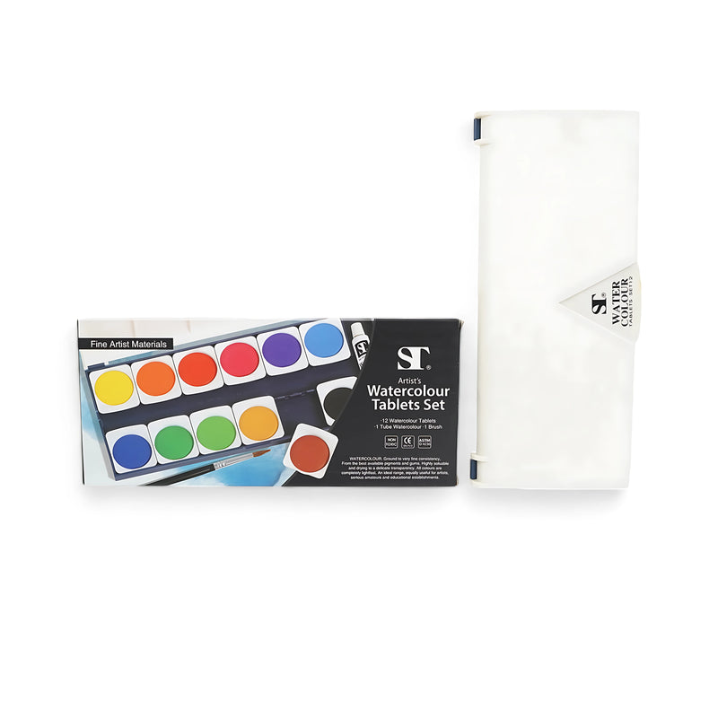 ST Artist’s Watercolour Tablets Set with 12 colors, 1 watercolor tube, and brush, ideal for artists, students, and hobbyists.

