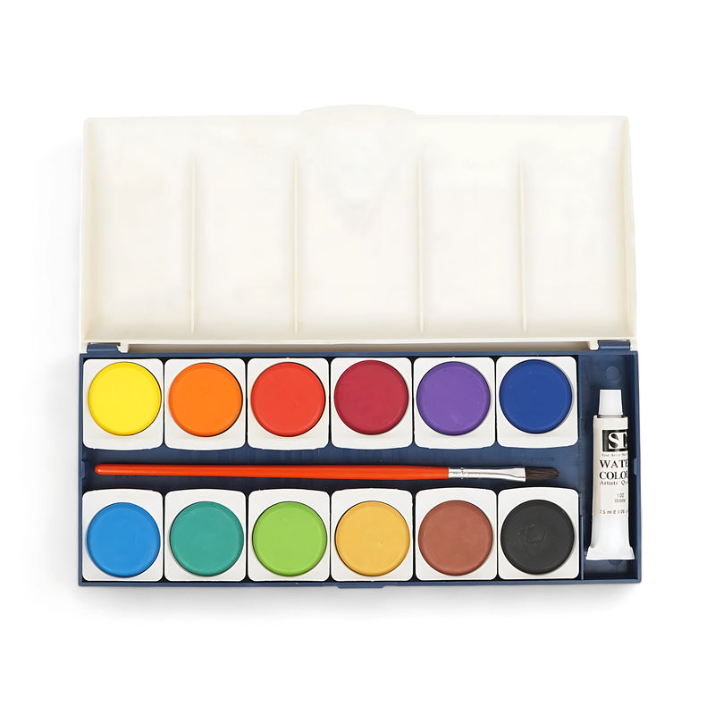 ST Artist’s Watercolour Tablets Set with 12 colors, 1 watercolor tube, and brush, ideal for artists, students, and hobbyists.

