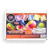 STEAM Magic Bounce Ball Kit packaging with tools to create glowing, colorful bouncy balls for kids' science learning.

