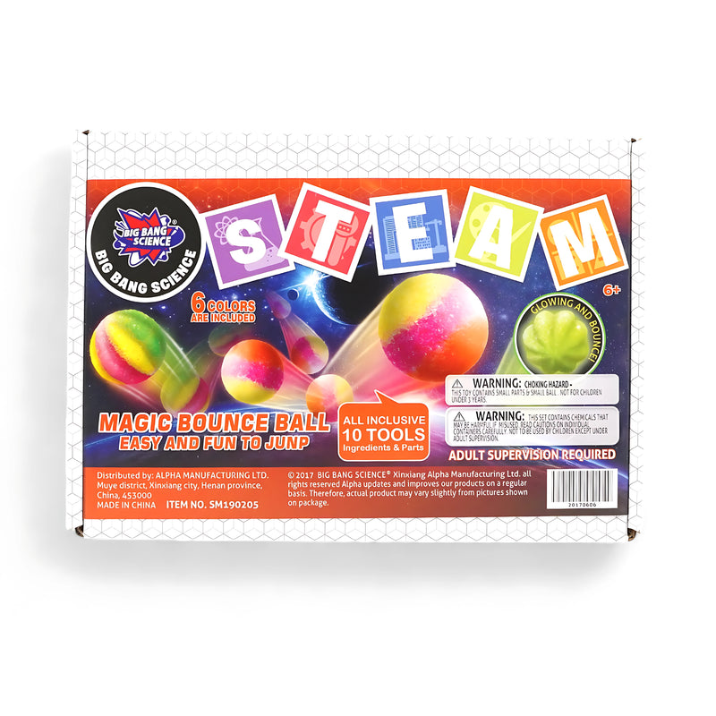 STEAM Magic Bounce Ball Kit packaging with tools to create glowing, colorful bouncy balls for kids' science learning.

