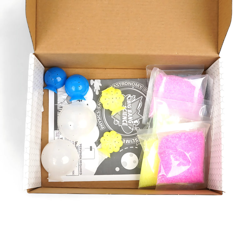 STEAM Magic Bounce Ball Kit packaging with tools to create glowing, colorful bouncy balls for kids' science learning.

