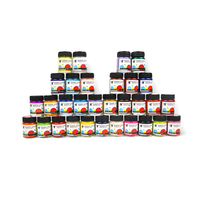 ST Poster Colour individual jars in various vibrant shades, ideal for creating bold, opaque artwork for students, artists, and hobbyists.

