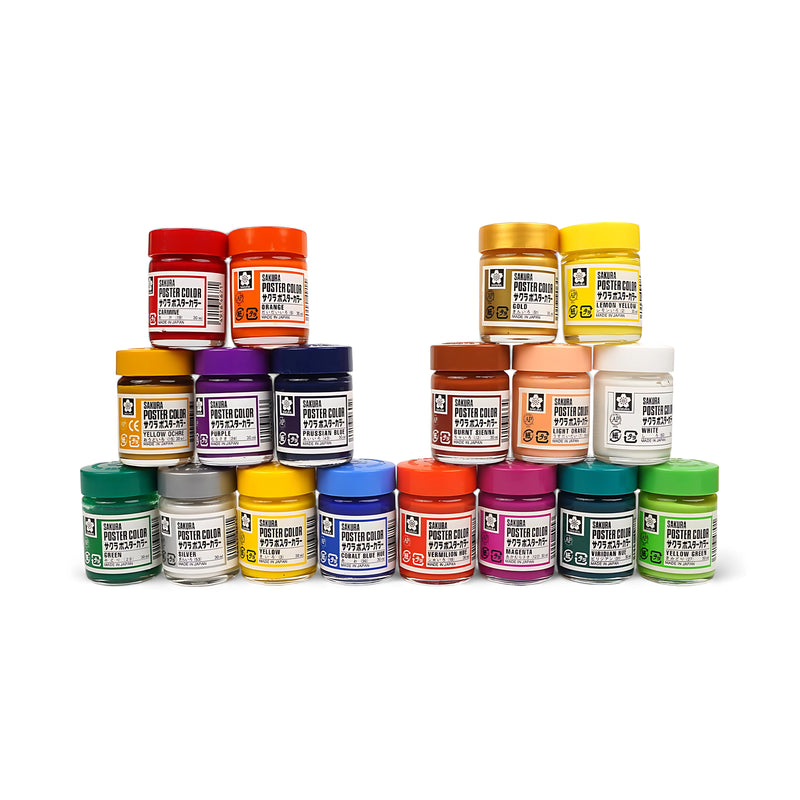 A pyramid stack of Sakura Poster Color jars in a variety of bright and bold shades, ideal for artists, designers, and students.

