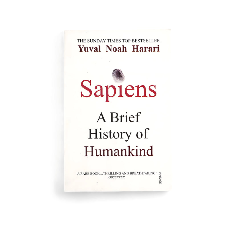 Cover of Sapiens: A Brief History of Humankind by Yuval Noah Harari, featuring a thumbprint symbolizing human uniqueness and individuality.






