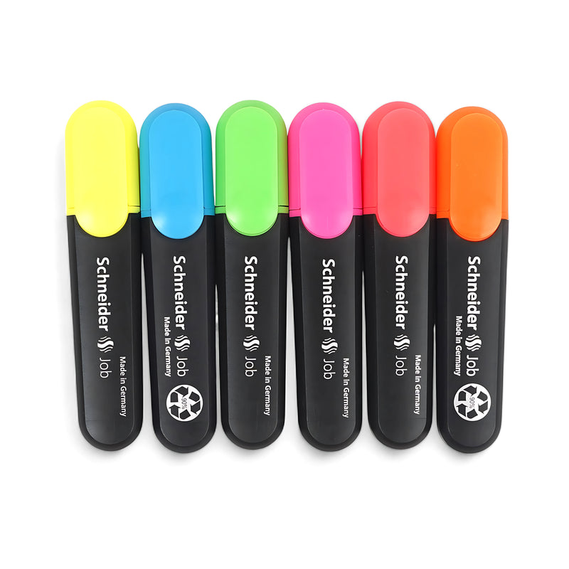 Schneider Job Highlighter Set of 6 in assorted colors with eco-friendly design and chisel tips for smooth, precise highlighting.

