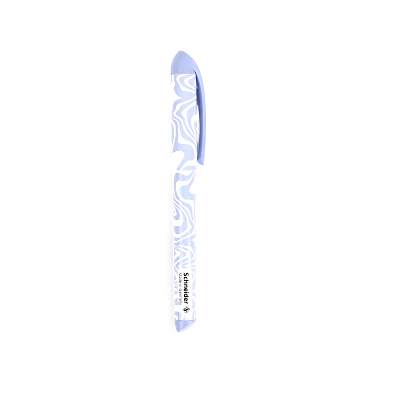 Schneider Zippi Ballpoint Pen in pastel lavender with white swirl patterns, featuring a slim design and secure clip for easy portability.

