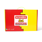Scrabble and Monopoly 2-in-1 board game set packaging with vibrant red and yellow design, ideal for family fun and learning.

