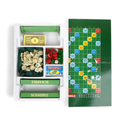 Scrabble and Monopoly 2-in-1 board game set packaging with vibrant red and yellow design, ideal for family fun and learning.

