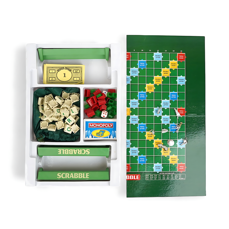 Scrabble and Monopoly 2-in-1 board game set packaging with vibrant red and yellow design, ideal for family fun and learning.

