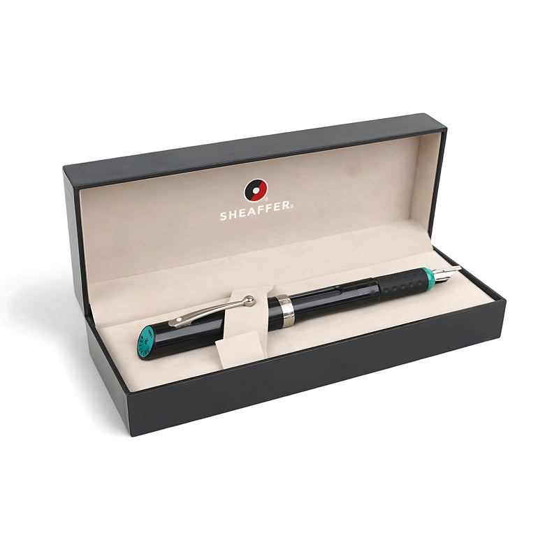 Sheaffer Prelude Fountain Pen with black lacquer finish and turquoise accents, presented in a Sheaffer-branded gift box, ideal for professional use and gifting.