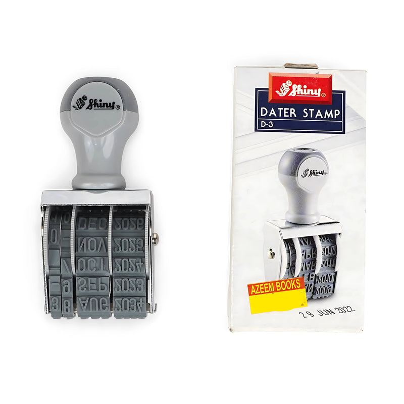 Shiny D-3 Manual Dater Stamp with adjustable date bands, gray ergonomic handle, and metal frame, shown with product packaging.

