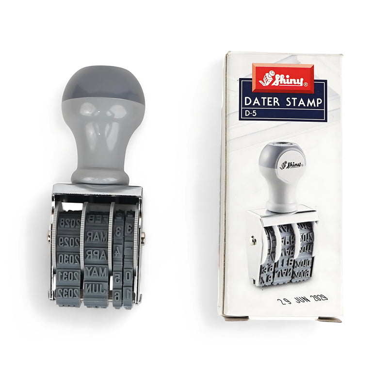 Shiny D-5 Manual Dater Stamp with 5 adjustable date bands, ergonomic gray handle, and sturdy metal frame, shown with packaging.

