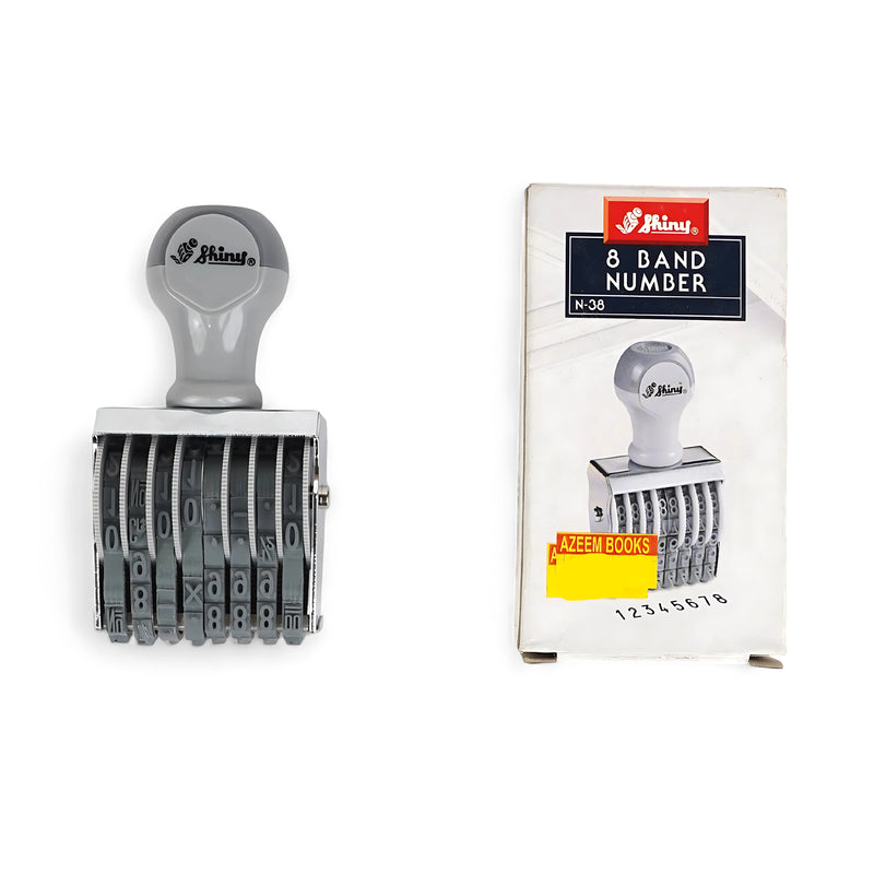 Shiny N-30 8-Band Numbering Stamp with adjustable rubber bands, ergonomic gray handle, and sturdy metal frame, displayed with packaging.


