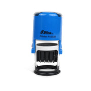 Shiny Printer R-532D self-inking round date stamp with blue housing, featuring adjustable date bands and a built-in ink pad.






