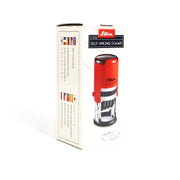 Shiny Printer R-532D self-inking round date stamp with red housing and adjustable date bands, packaged with multilingual instructions.






