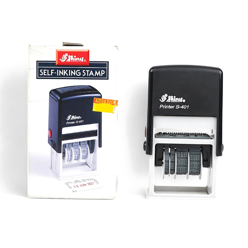 Shiny Printer S-401 self-inking date stamp with black housing and adjustable date bands, packaged with product instructions and Azeem Books price label.






