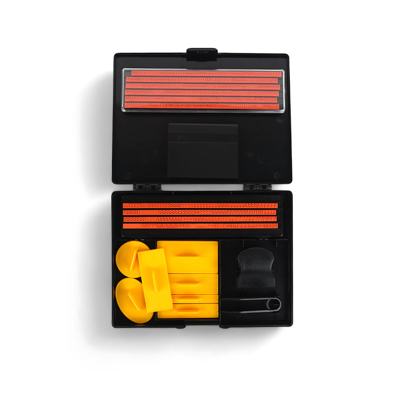 Shiny S-200 DIY Printing Kit with stamp handle, pad, platens, tweezers, and customizable character sets in a compact case.

