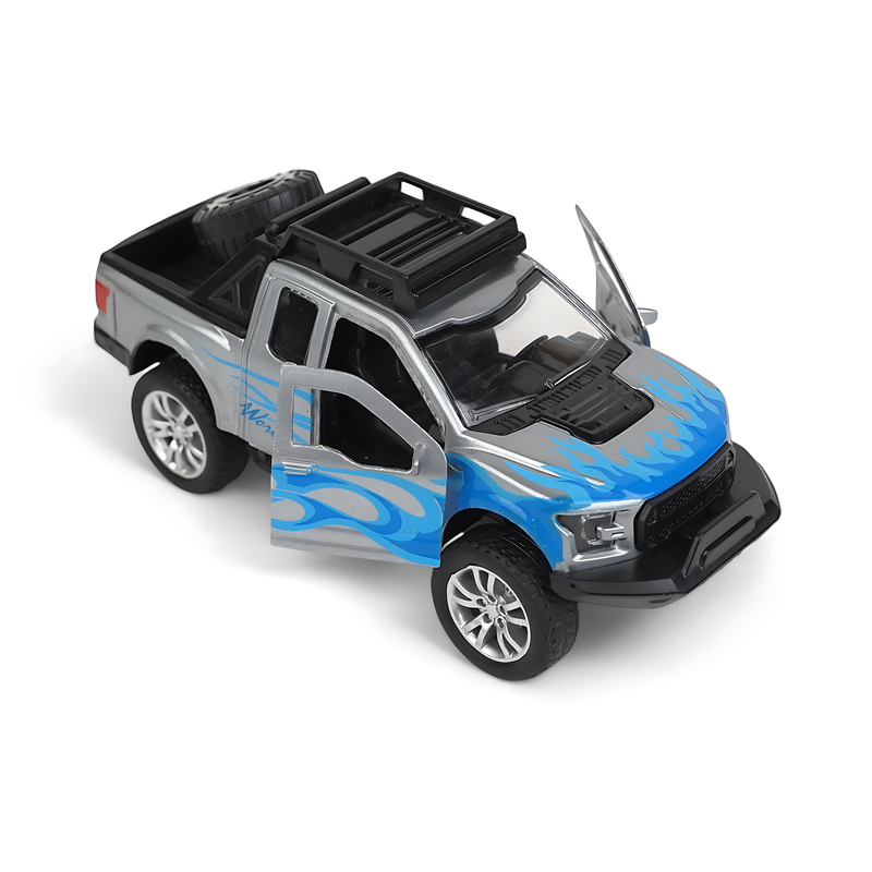 Silver and Blue Pickup Truck Diecast Model - Adventurous Off-Road Miniature with Flame Decals and Rugged Features