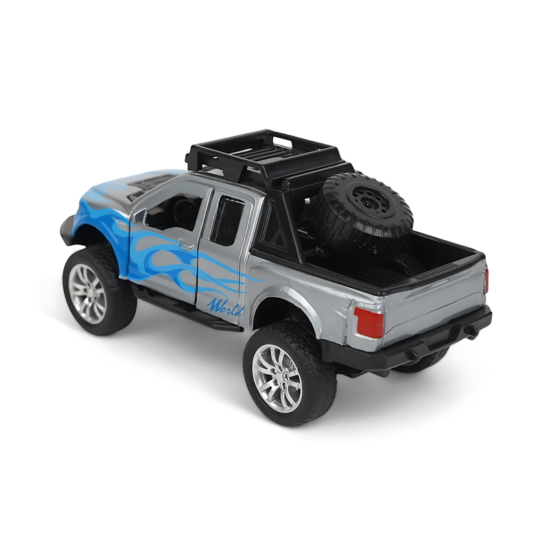 Silver and Blue Pickup Truck Diecast Model - Adventurous Off-Road Miniature with Flame Decals and Rugged Features