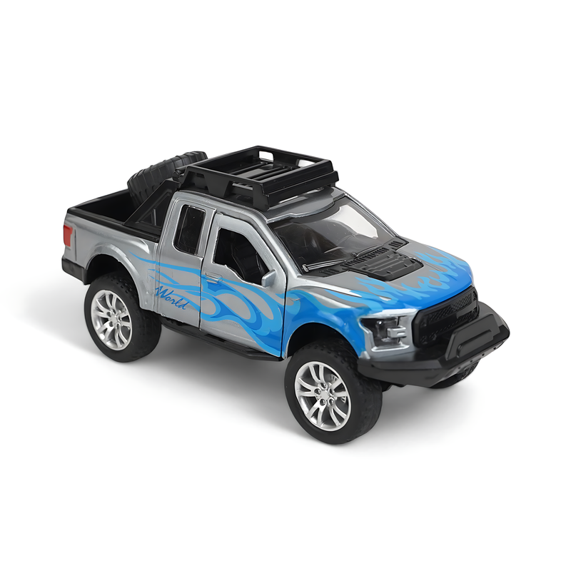 Silver and Blue Pickup Truck Diecast Model - Adventurous Off-Road Miniature with Flame Decals and Rugged Features