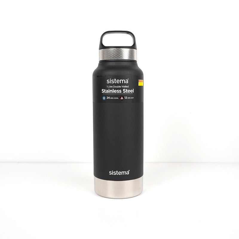 Sistema 1 Litre Stainless Steel Bottle in Black, featuring double-wall insulation for maintaining hot and cold beverages.


