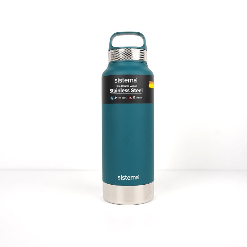 Sistema 1 Litre Stainless Steel Bottle in cyan, featuring double-wall insulation for maintaining hot and cold beverages.

