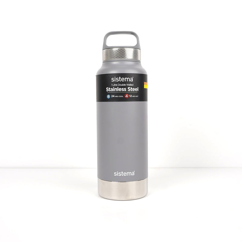 Sistema 1 Litre Stainless Steel Bottle in gray, featuring double-wall insulation for maintaining hot and cold beverages.

