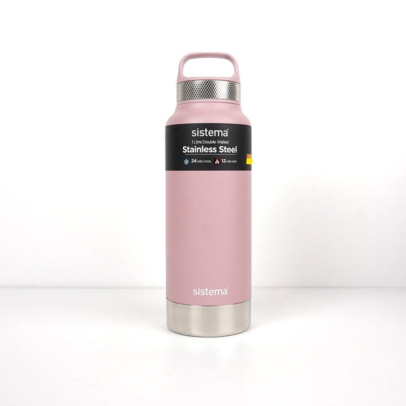 Sistema 1 Litre Stainless Steel Bottle in Pink, featuring double-wall insulation for maintaining hot and cold beverages.

