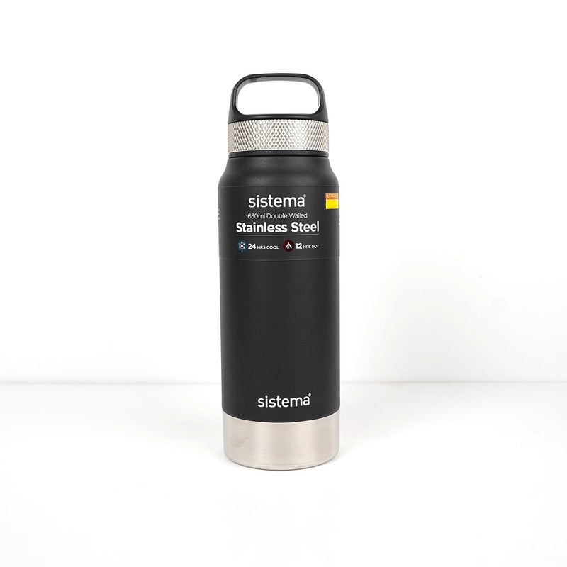 Sistema 650ml Stainless Steel Bottle in Black, featuring double-wall insulation for maintaining hot and cold beverages.


