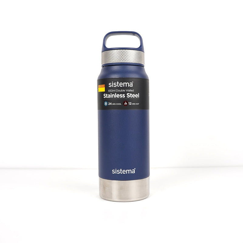 Sistema 650ml Stainless Steel Bottle in Blue, featuring double-wall insulation for maintaining hot and cold beverages.

