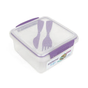 Sistema To Go lunch box with built-in fork and knife, perfect for portable, fresh meals. Transparent with purple clips.






