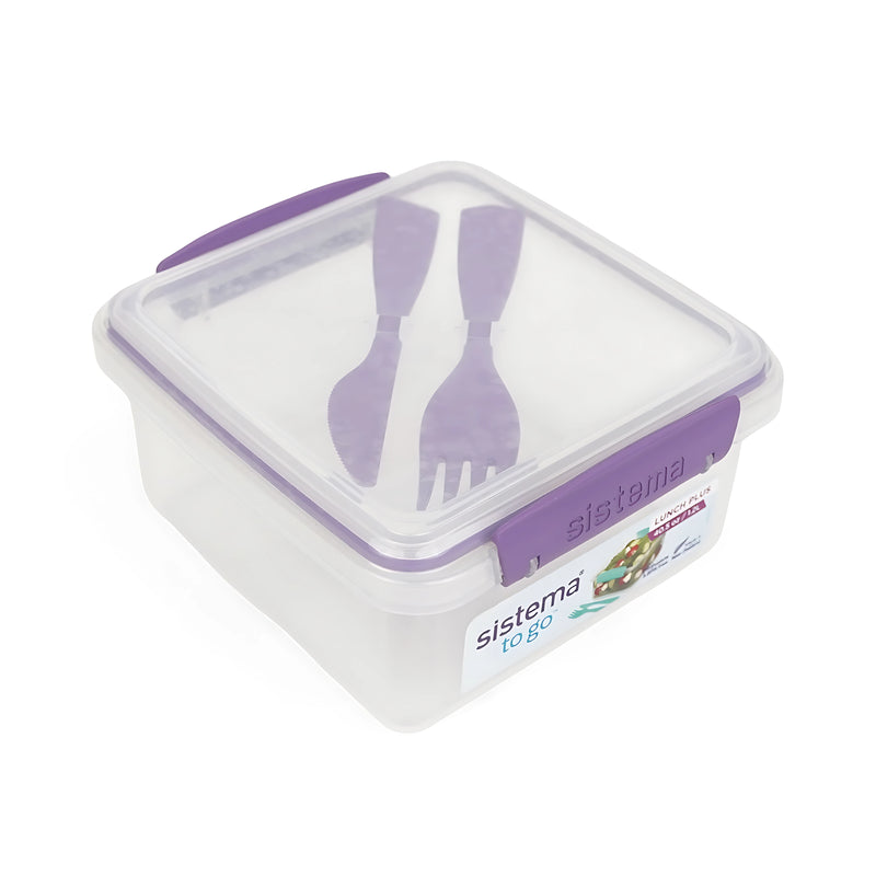 Sistema To Go lunch box with built-in fork and knife, perfect for portable, fresh meals. Transparent with purple clips.






