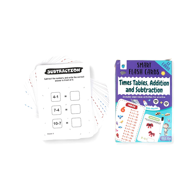 Smart Flash Cards - Times Tables, Addition, and Subtraction for kids with 32 reusable cards and wipe-clean marker for math exercises

