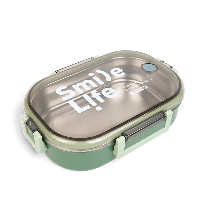 Smile Life Stainless Steel Lunch Box with green lid and fun "Smile Life" text. Eco-friendly and leak-proof design perfect for meals on the go.






